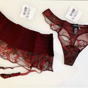 La Perla Burgundy Red Lace and Silk Garter Belt and Thong Panty Set